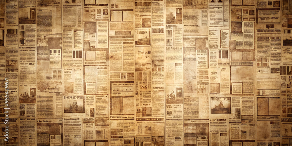 Fototapeta premium Antique Old Newspaper Background: Brown Grunge Paper with Vintage Textures, Faded Print, and Weathered Edges, Ideas for Retro Designs, Historical Themes, and Artistic Projects.