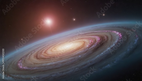 A stunning view of a spiral galaxy from space, with a bright star in the top left corner.