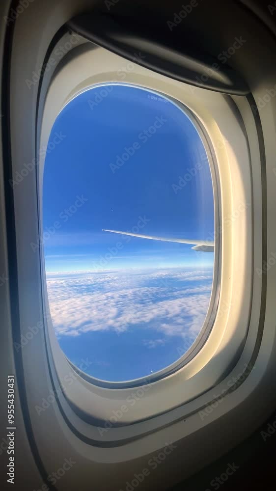 View from the window seat of a commercial aircraft traveling internationally during daytime, vertical video. View from the window seat of a commercial aircraft traveling internationally during daytime, vertical video.