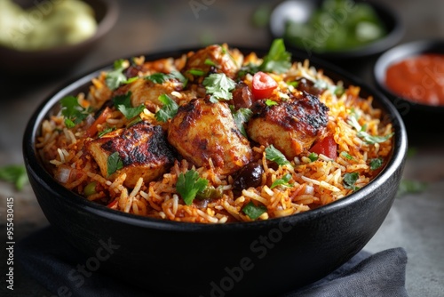 A flavorful serving of spicy chicken biryani garnished with fresh herbs, capturing the essence of traditional Indian cuisine.