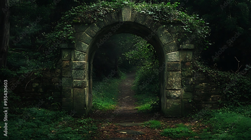 Obraz premium A stone archway, overgrown with vines, frames a path leading into a dense, green forest.
