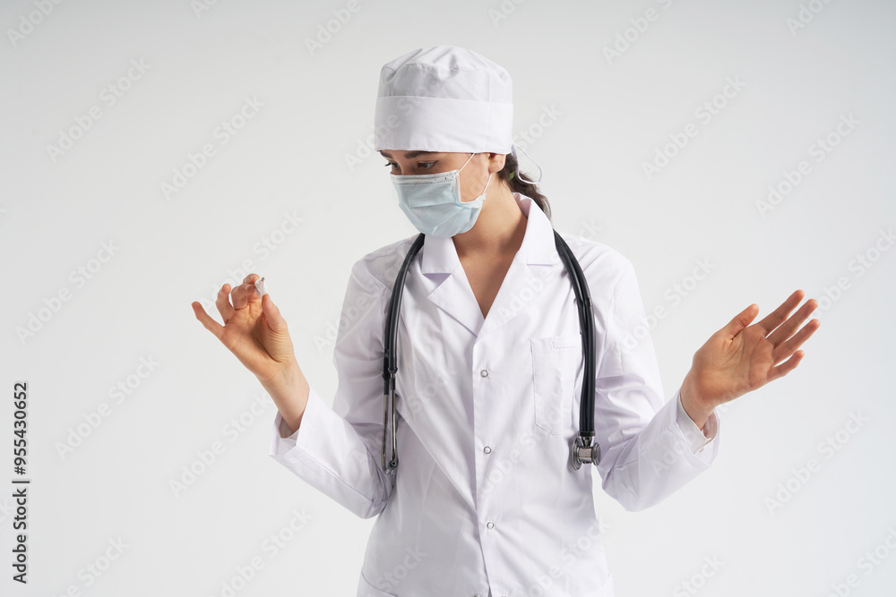 Doctor wearing face mask looking at measurement on medical thermometer over white background Doctor wearing face mask looking at measurement on medical thermometer over white background