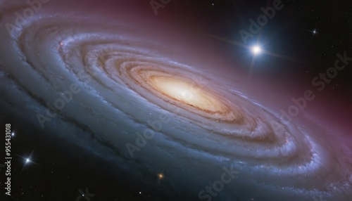 A spiral galaxy with a bright star in the upper right corner. The galaxy has a yellow core with blue and white arms.