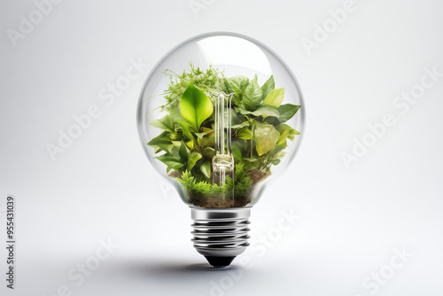 Lightbulb filled with vibrant green plants on a soft white background