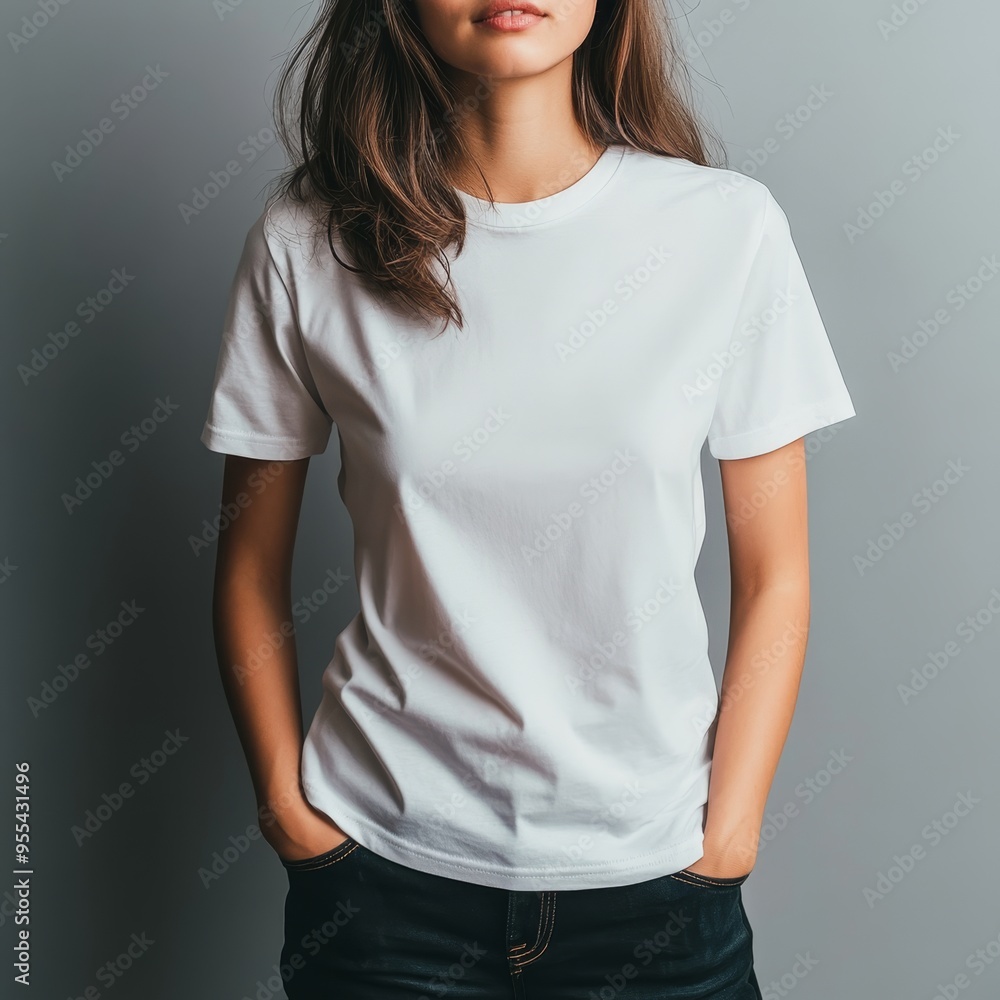 Person in a plain white t-shirt poses against a grey backdrop for branding mockup presentation Person in a plain white t-shirt poses against a grey backdrop for branding mockup presentation