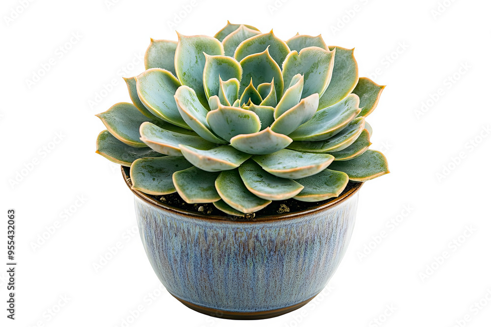 A close-up of a succulent plant in a brown and blue pot with a white transparent background. A close-up of a succulent plant in a brown and blue pot with a white transparent background.