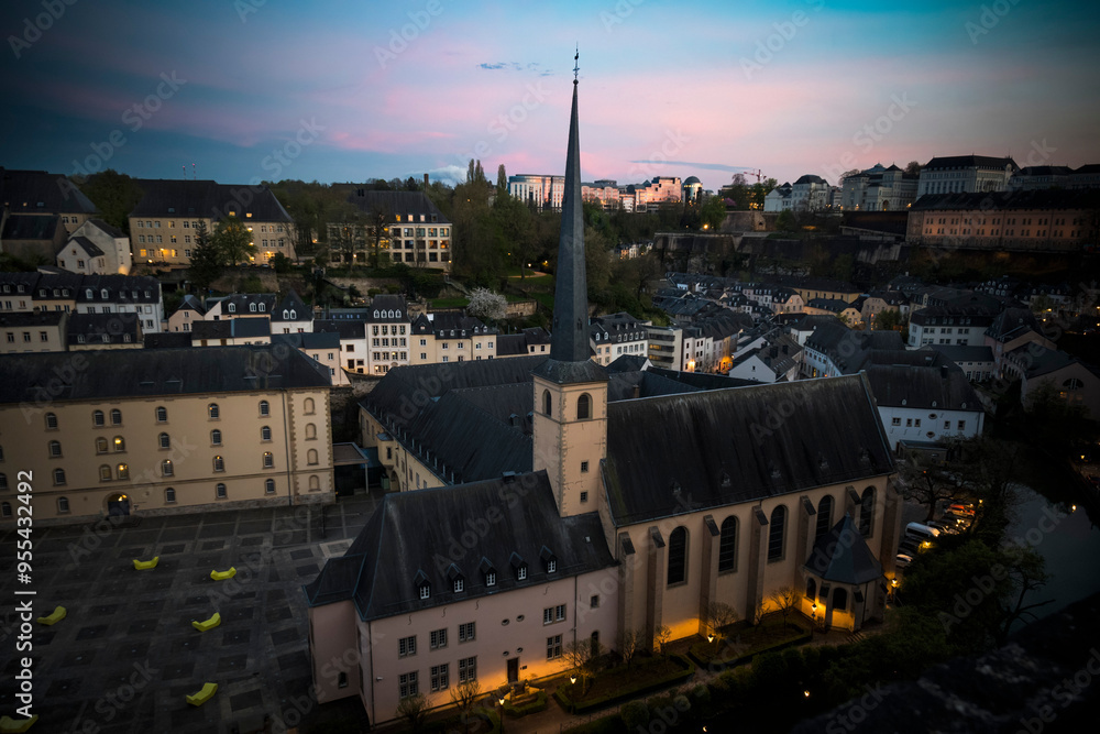 Fototapeta premium Luxembourg city seen from the surrounding high walls after dusk