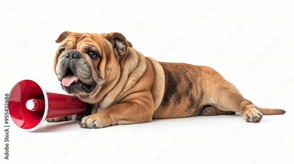 Bulldog enthusiastically holding a red megaphone against a clean white background Bulldog enthusiastically holding a red megaphone against a clean white background