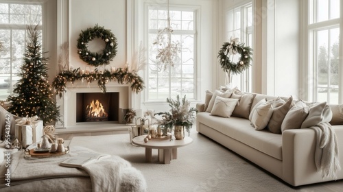 Bright and airy living room with a cozy fireplace, Christmas tree, wreaths, and neutral tones creating a festive atmosphere.