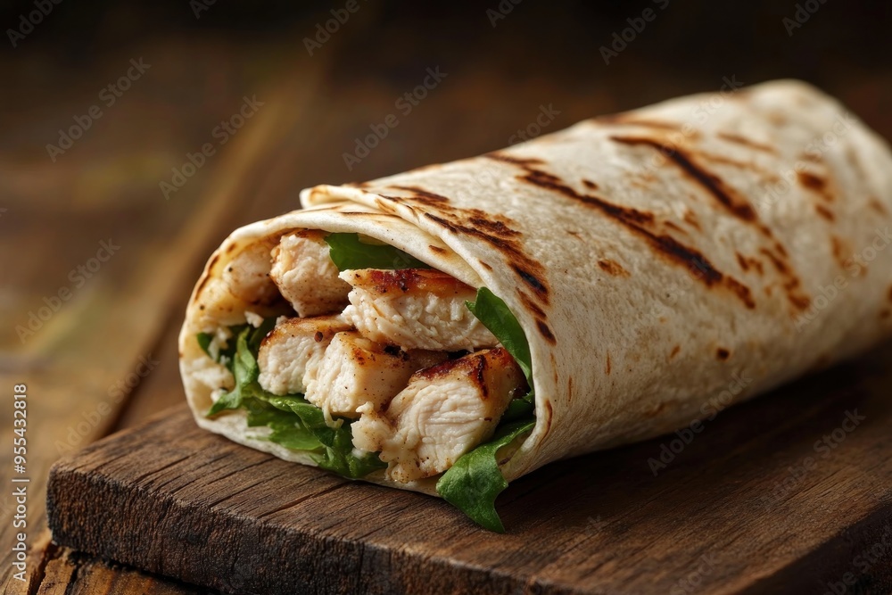 Grilled Chicken Wrap on Wooden Board Grilled Chicken Wrap on Wooden Board