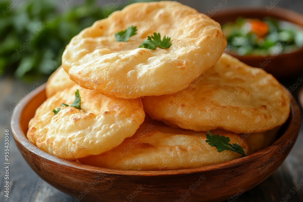 A close-up of crispy, golden Indian puri bread served in a rustic wooden bowl, highlighting its texture and delicious appeal. A close-up of crispy, golden Indian puri bread served in a rustic wooden bowl, highlighting its texture and delicious appeal.