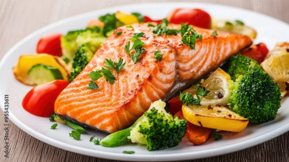 Salmon Fillet with Steamed Vegetables: Omega-3 fatty acids rich dinner, supporting brain function Salmon Fillet with Steamed Vegetables: Omega-3 fatty acids rich dinner, supporting brain function