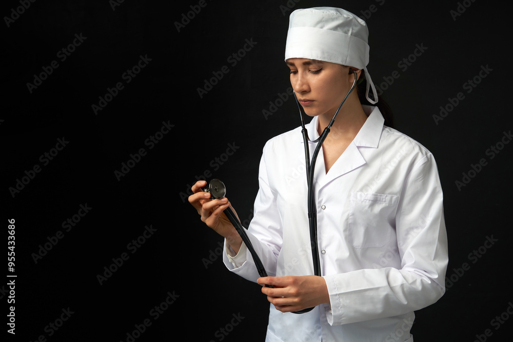 Cropped view of young female doctor holding stethoscope hanging on her neck, studio shot over black background Cropped view of young female doctor holding stethoscope hanging on her neck, studio shot over black background