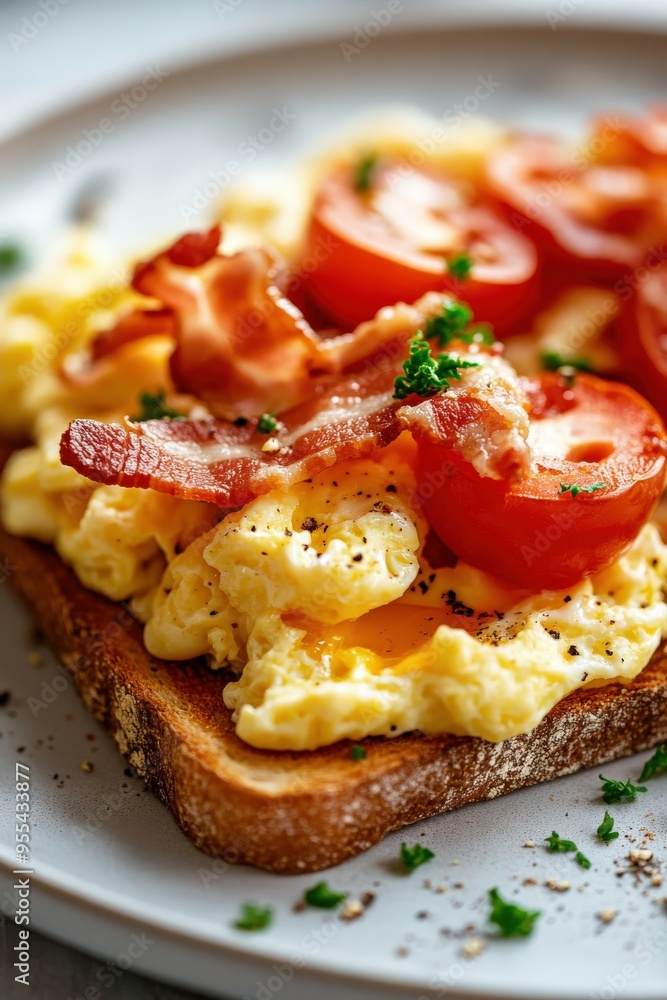 Breakfast toast with scrambled eggs, bacon, and tomatoes on a plate Breakfast toast with scrambled eggs, bacon, and tomatoes on a plate