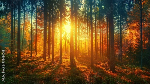 Golden Autumn Forest: Sunlight streams through colorful trees in a forest during golden hour.