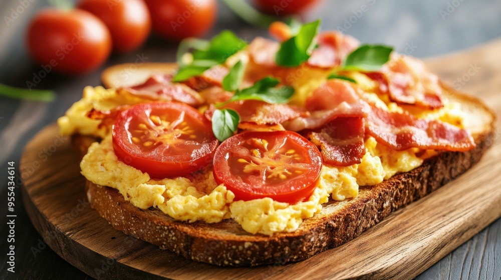 Delicious breakfast toast topped with scrambled eggs, bacon, and tomatoes Delicious breakfast toast topped with scrambled eggs, bacon, and tomatoes