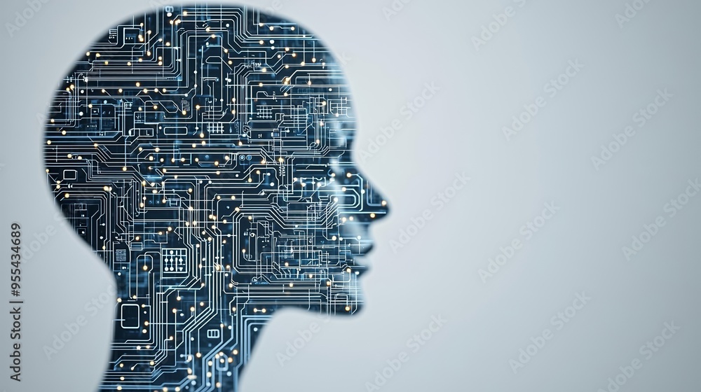 Abstract human head made of technology lines and circuits, illustrating the concept of artificial intelligence and digital evolution Abstract human head made of technology lines and circuits, illustrating the concept of artificial intelligence and digital evolution