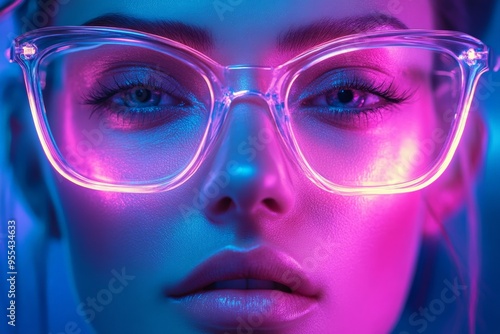 A vibrant close-up portrait of a person wearing futuristic neon glasses, highlighting the sharp and modern design against a contrasting blue background.