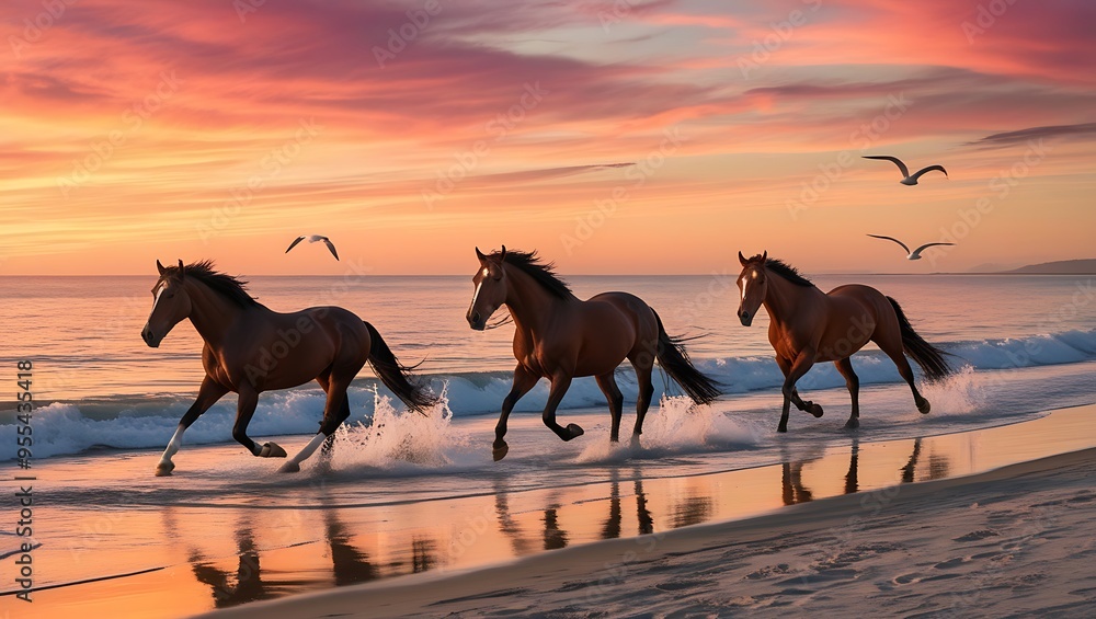 Immerse yourself in the serene beauty of this captivating image featuring horses galloping or walking along a picturesque shoreline. Immerse yourself in the serene beauty of this captivating image featuring horses galloping or walking along a picturesque shoreline.