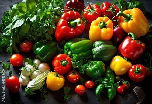 colorful fresh ingredients beautifully arranged meal preparation scene focus vibrant vegetables herbs, colors, freshness, cooking, food, display