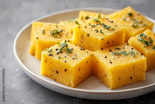 Close-up of soft and spongy Indian dhokla pieces garnished with fresh herbs and black sesame seeds, offering a mouth-watering view of this traditional snack.