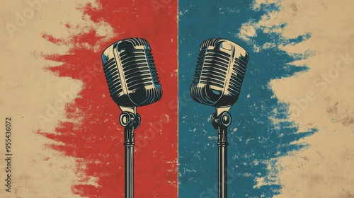 Vintage poster depicting classic microphones for Republican and Democrat debates in public discourse photo