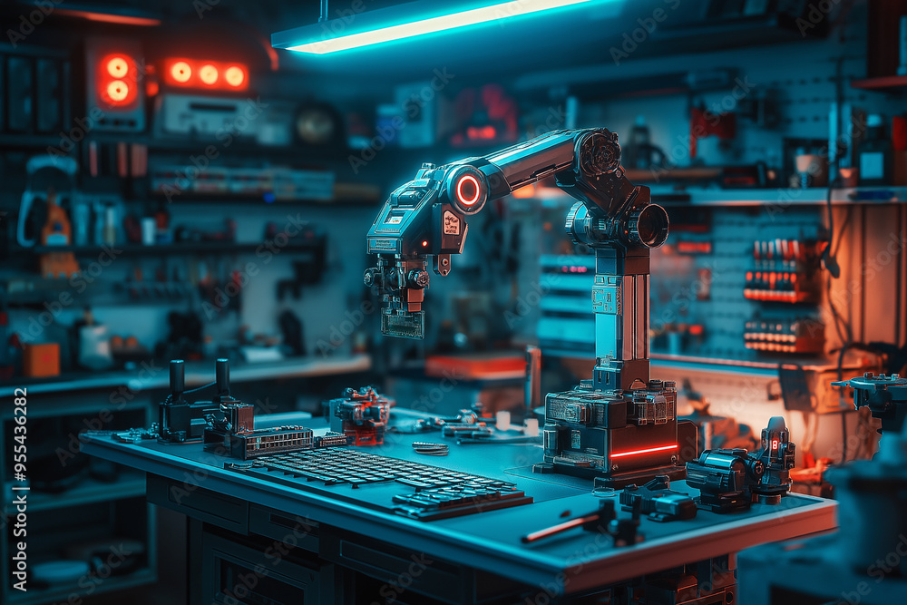 A robot is sitting on a table in a workshop A robot is sitting on a table in a workshop