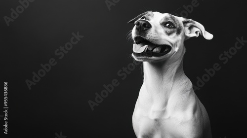 Black and white photo of a playful dog sitting against a solid black background capturing a joyful expression