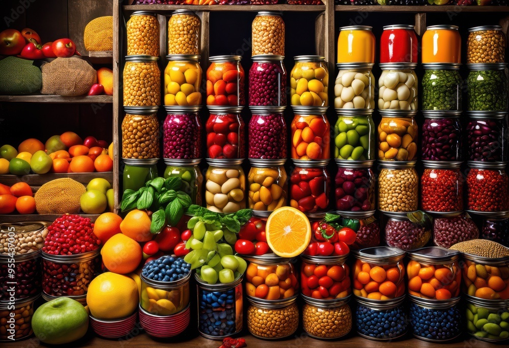 custom made wallpaper toronto digitalcolorful canned food displays featuring array diverse ingredients vibrant arrangements, vegetables, fruits, beans, sauces, jars, packaging, assortment