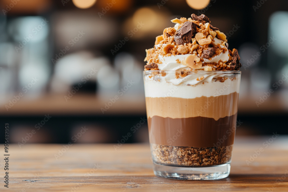 Chocolate Hazelnut Dessert in a glass with a blurred cafe background. Chocolate Hazelnut Dessert in a glass with a blurred cafe background.