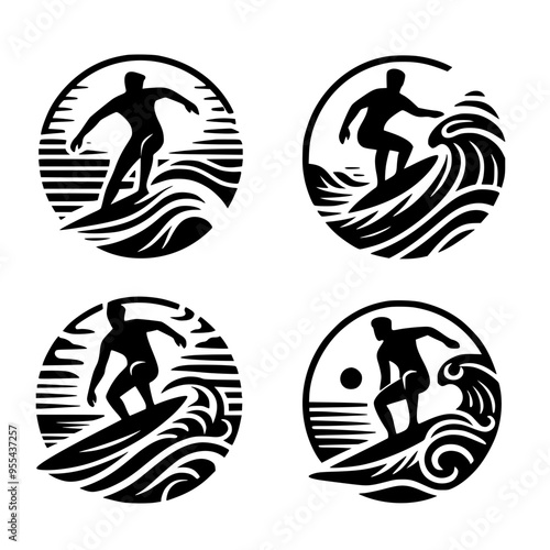 Four black and white vector icons of a surfer on the ocean waves