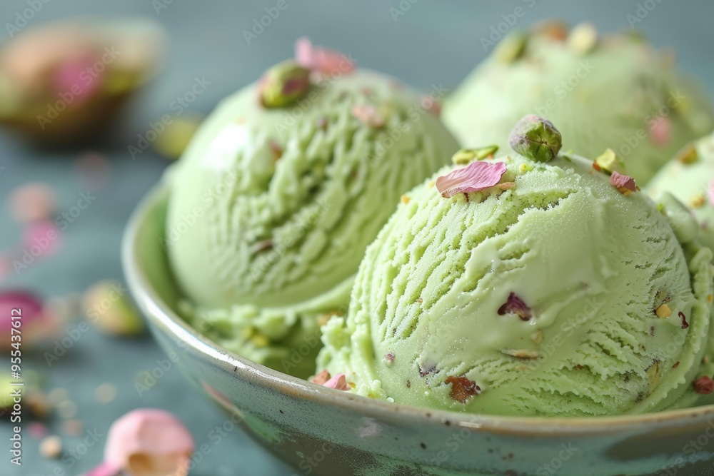 Creamy pistachio ice cream scoops, topped with rose petals and crushed pistachios, creating a refreshing and aromatic dessert experience. Creamy pistachio ice cream scoops, topped with rose petals and crushed pistachios, creating a refreshing and aromatic dessert experience.