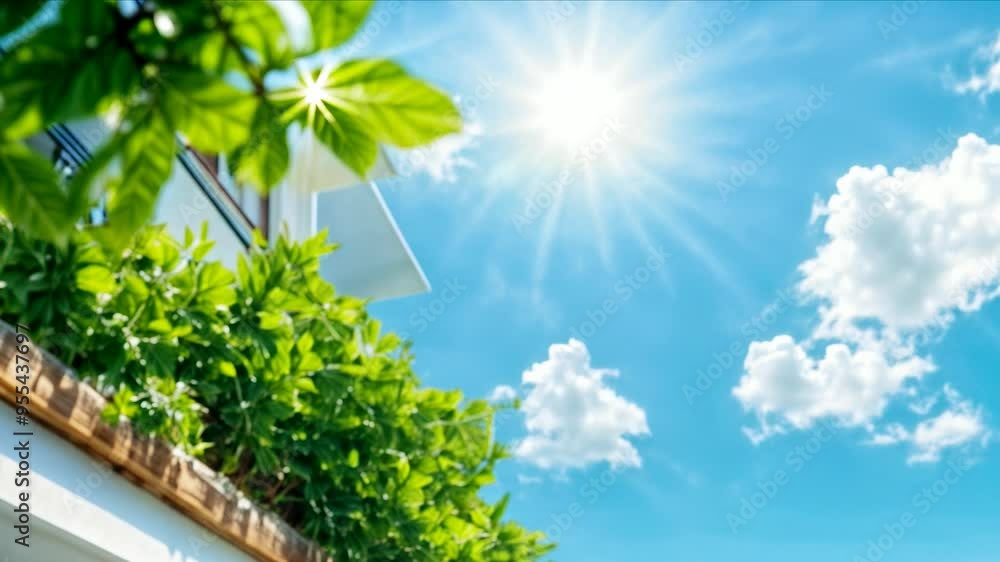 Sunlit terrace garden with lush greenery and vibrant blue sky during a sunny day in an urban setting Sunlit terrace garden with lush greenery and vibrant blue sky during a sunny day in an urban setting