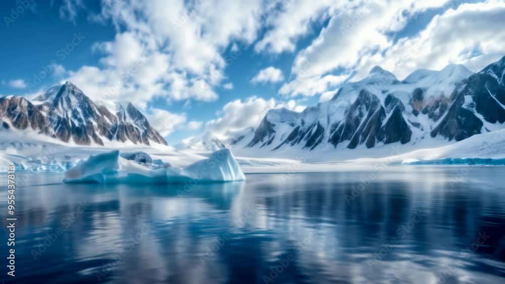 Majestic landscape with icebergs reflecting in tranquil waters during midday Majestic landscape with icebergs reflecting in tranquil waters during midday