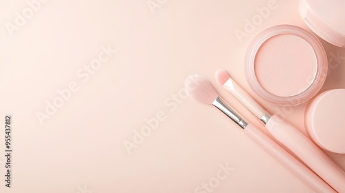 A pink background with makeup brushes and a container of makeup