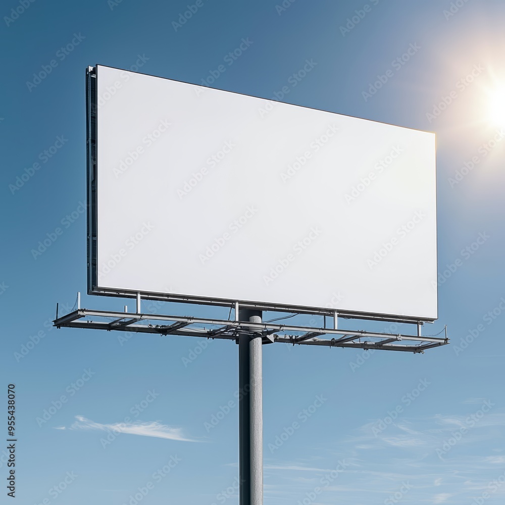 Clean and simple billboard design elevated on a steel framework, highlighted by the bright sunlight, perfect for outdoor ads Clean and simple billboard design elevated on a steel framework, highlighted by the bright sunlight, perfect for outdoor ads