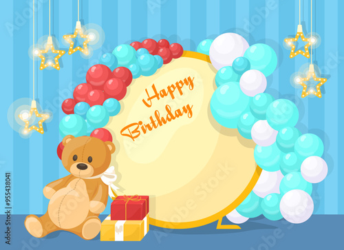 Happy children birthday party photo zone vector illustration. Festive kids background for anniversary celebration and taking memory pictures with balloons, teddy bear, gift boxes and glowing stars