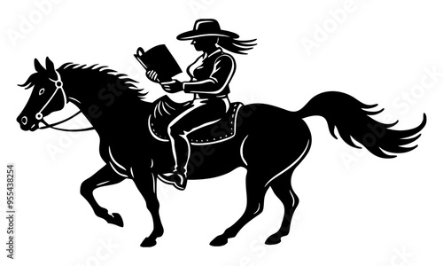 Download Cowgirl Silhouette Riding Horse Backwards With Book Svg File For Design.