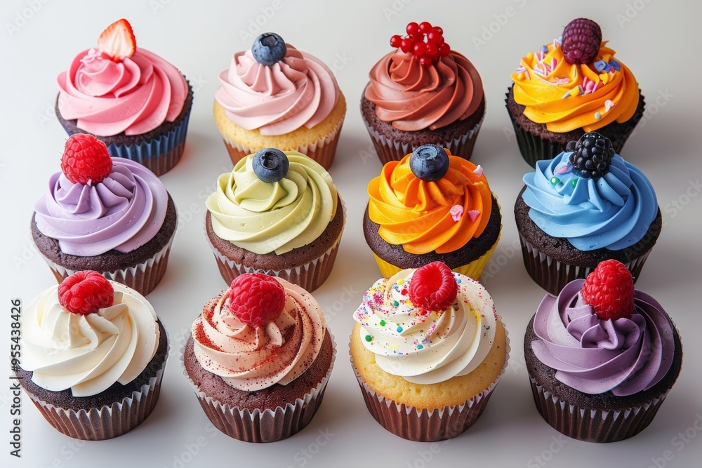 A selection of beautifully decorated cupcakes, each topped with a unique combination of fresh berries and rich cream, offering a delightful visual and taste experience. A selection of beautifully decorated cupcakes, each topped with a unique combination of fresh berries and rich cream, offering a delightful visual and taste experience.