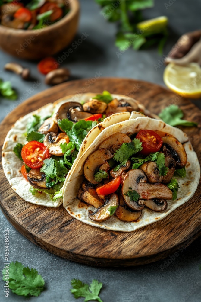 Delicious mushroom tacos served on a wooden board with fresh toppings Delicious mushroom tacos served on a wooden board with fresh toppings