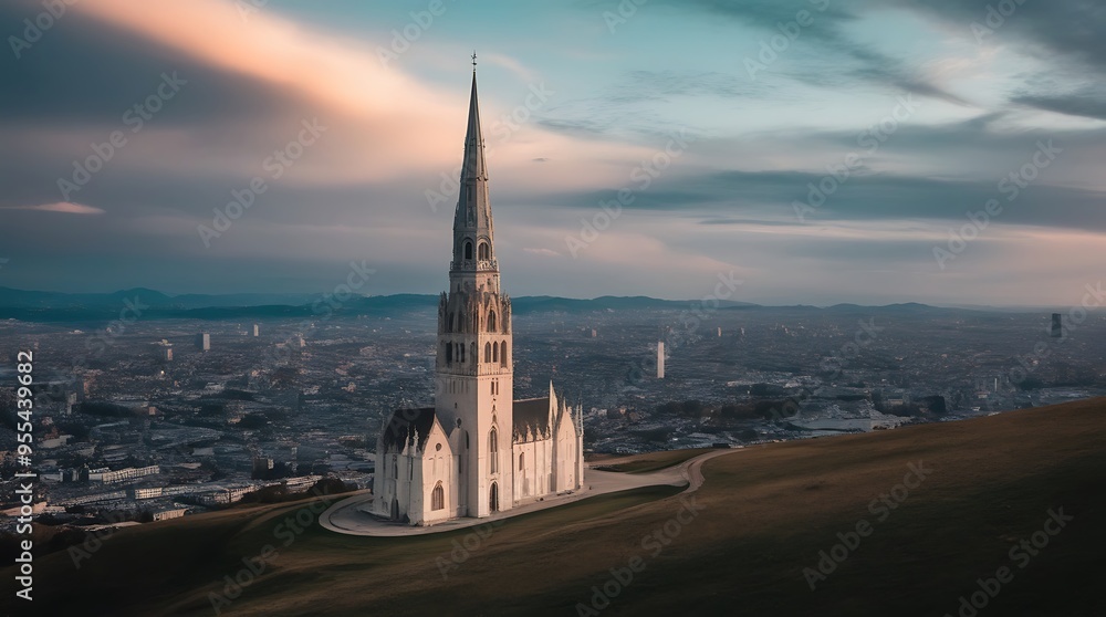 Obraz premium Gothic Cathedral Standing Majestically on a Hill Overlooking a Vast Cityscape at Dusk