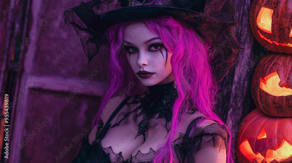 A woman with dramatic smoky makeup and deep red lips, wearing a witch hat, stands against a vibrant purple background decorated with bat silhouettes, embodying Halloween elegance. A woman with dramatic smoky makeup and deep red lips, wearing a witch hat, stands against a vibrant purple background decorated with bat silhouettes, embodying Halloween elegance.