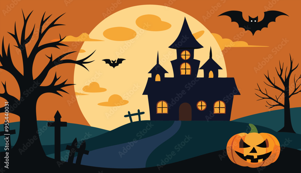 Spooky Halloween background Haunted House with Full Moon and Bats Vector Illustration Spooky Halloween background Haunted House with Full Moon and Bats Vector Illustration