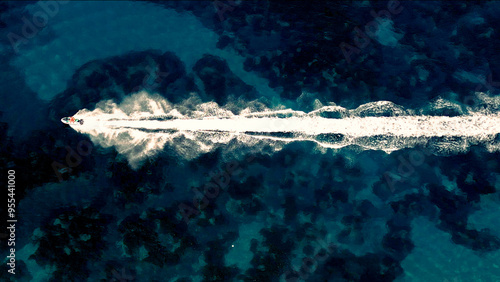 Vertical Aerial View of Deep Blue Sea Water with Yacht and Boat Leaving White Foamy Trail