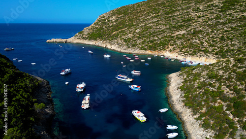 Aerial View of Deep Blue Sea Water with Sailing Boats in a Harbour Marina