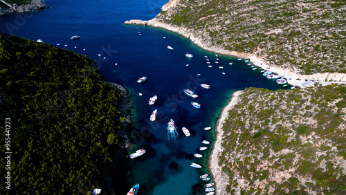 Aerial View of Deep Blue Sea Water with Sailing Boats in a Harbour Marina