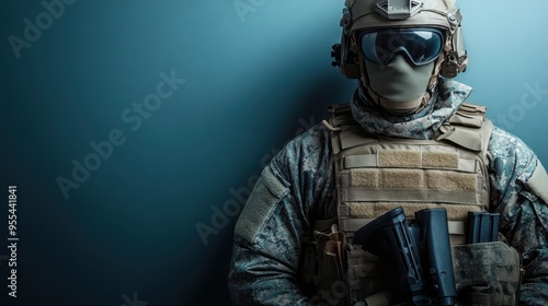 A soldier dressed in full tactical gear and holding equipment, standing against a plain blue background, potentially representing themes of defense and readiness. photo