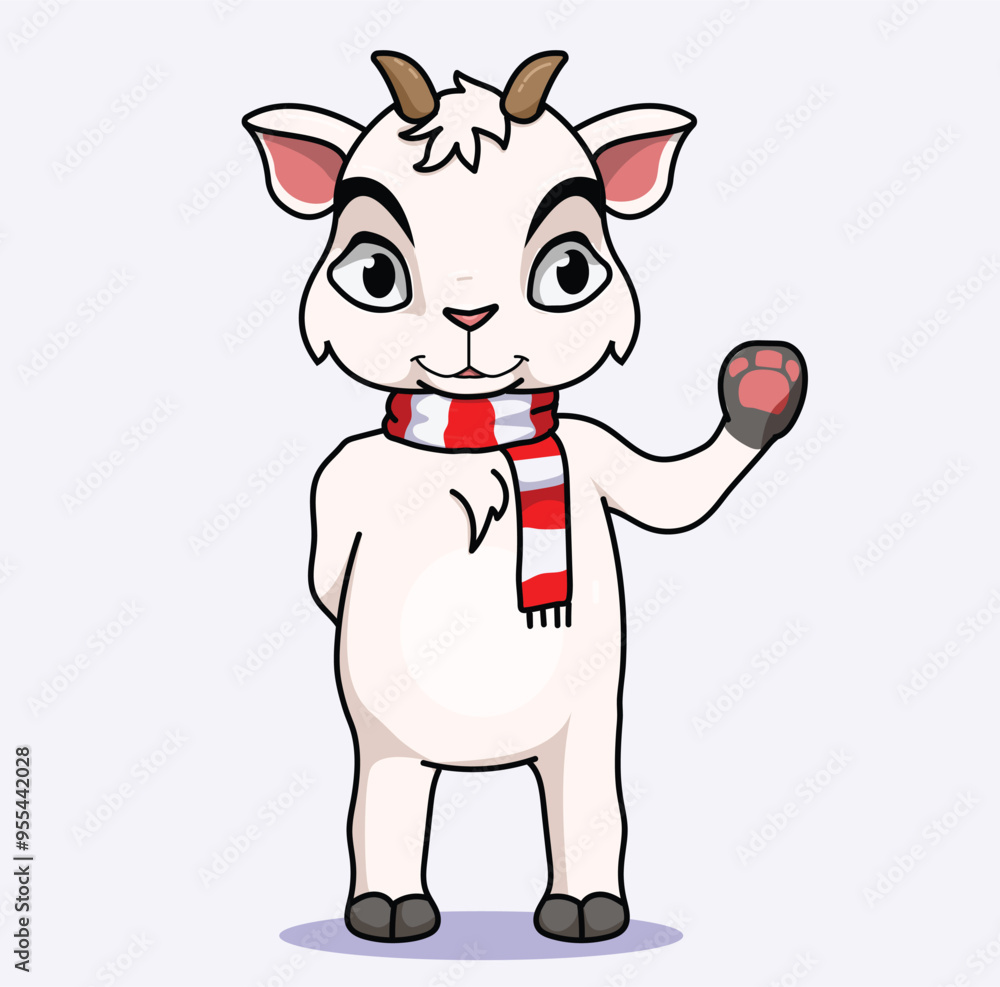 Chibi Goat Character with Scarf Waving in Winter-Themed Illustration