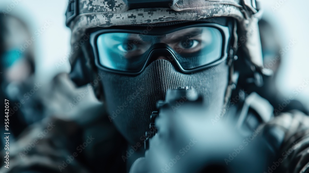 A group of soldiers in camouflage gear, equipped with tactical helmets and face masks, on a collective mission. They are shown in a focused and strategic formation. A group of soldiers in camouflage gear, equipped with tactical helmets and face masks, on a collective mission. They are shown in a focused and strategic formation.