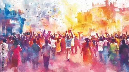 Holi Festival celebration in India, illustrated in vibrant watercolor style.